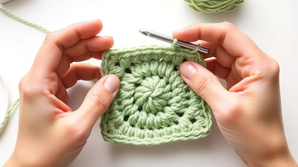 Close-up of hands working first round of granny square with sage green yarn, 5.5mm aluminum hook, magic ring visible, natural window lighting, clean white surface