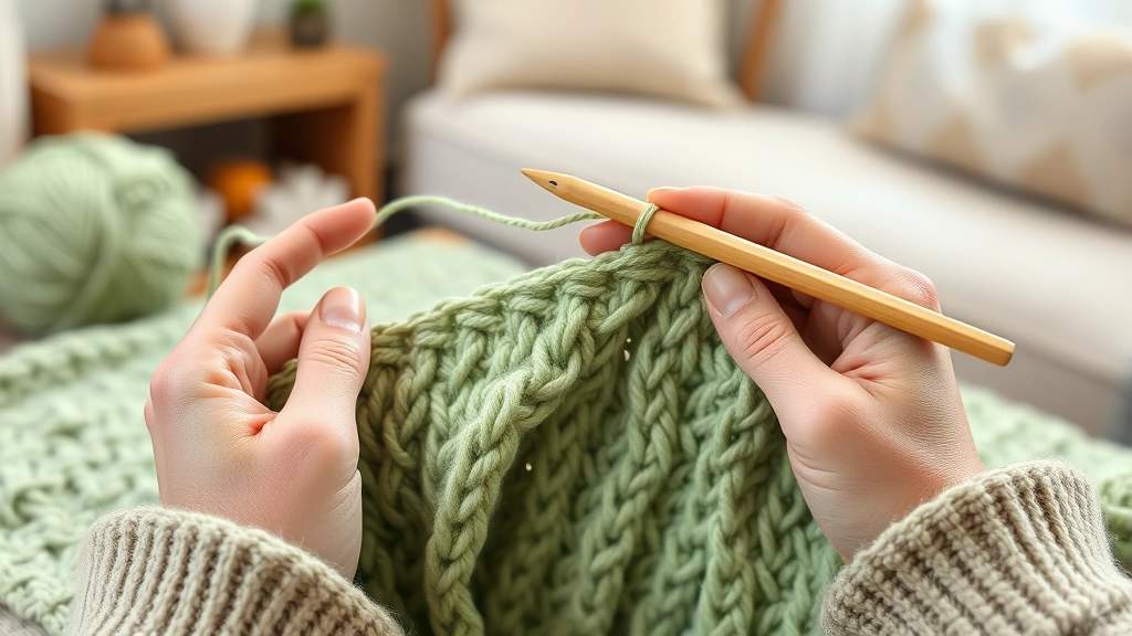 Close-up of hands crocheting with sage green worsted weight yarn, bamboo hook visible, partially completed blanket rows, cozy living room setting with soft lighting