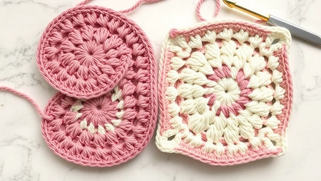 Overhead view of completed granny square rounds in progression, cream and dusty pink yarn, showing corner technique development, soft natural lighting, marble countertop background