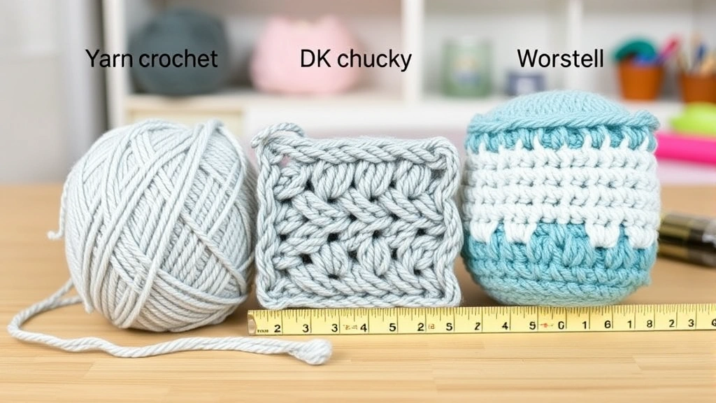 Comparison shot showing three yarn weights side by side with crochet swatches, DK chunky and worsted samples, measuring tape visible, clean craft room background