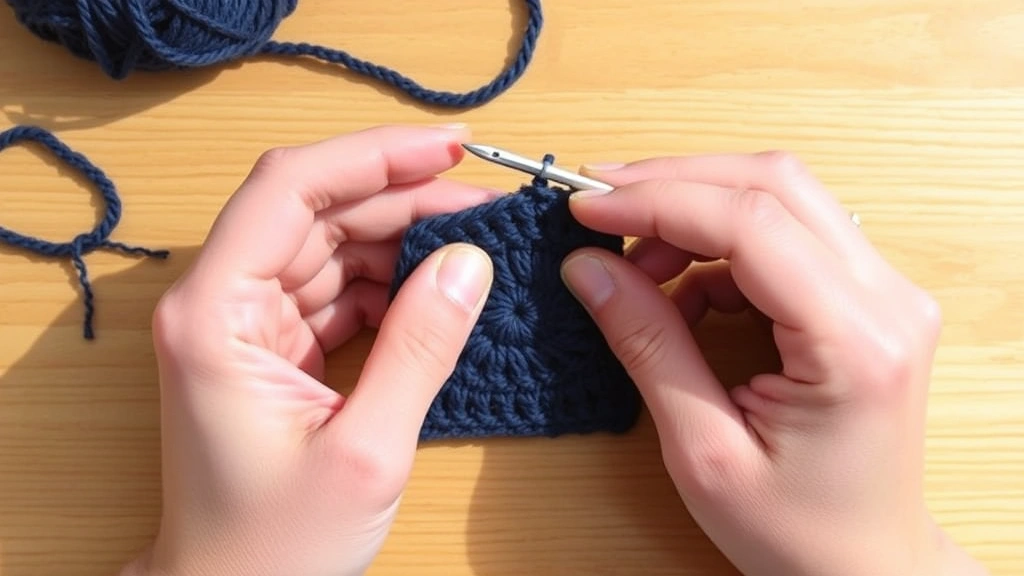 Hands demonstrating corner stitch placement in granny square, worsted weight navy blue yarn, hook inserting into chain space, bright daylight, wooden table surface