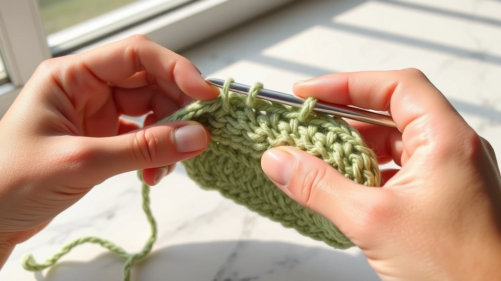 Close-up hands demonstrating proper crochet hook grip with sage green yarn, natural window lighting, white marble surface, fingers positioned correctly around aluminum hook