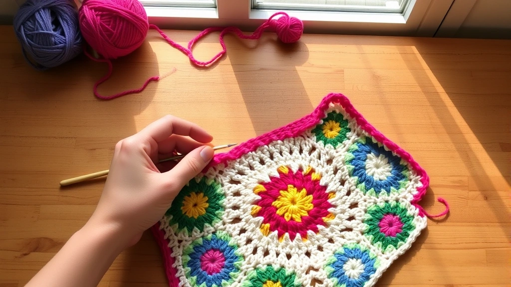 Hands working single crochet border on colorful granny square blanket, natural window light, wooden table surface, hook and yarn visible, cozy crafting scene