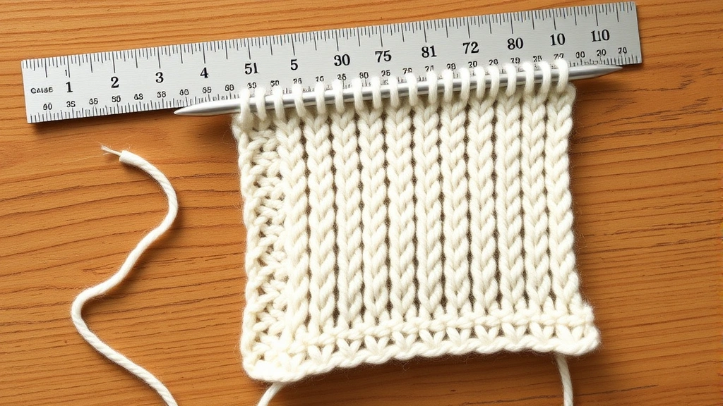 Gauge swatch in cream worsted yarn on wooden table, measuring ruler alongside showing stitch count, soft natural lighting, partially completed rows visible with even tension