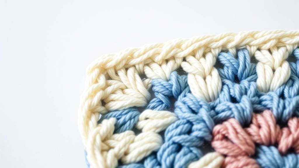 Close-up of perfectly formed corner on granny square blanket border, showing three single crochet stitches, soft lighting, cream and blue yarn colors, detailed stitch work