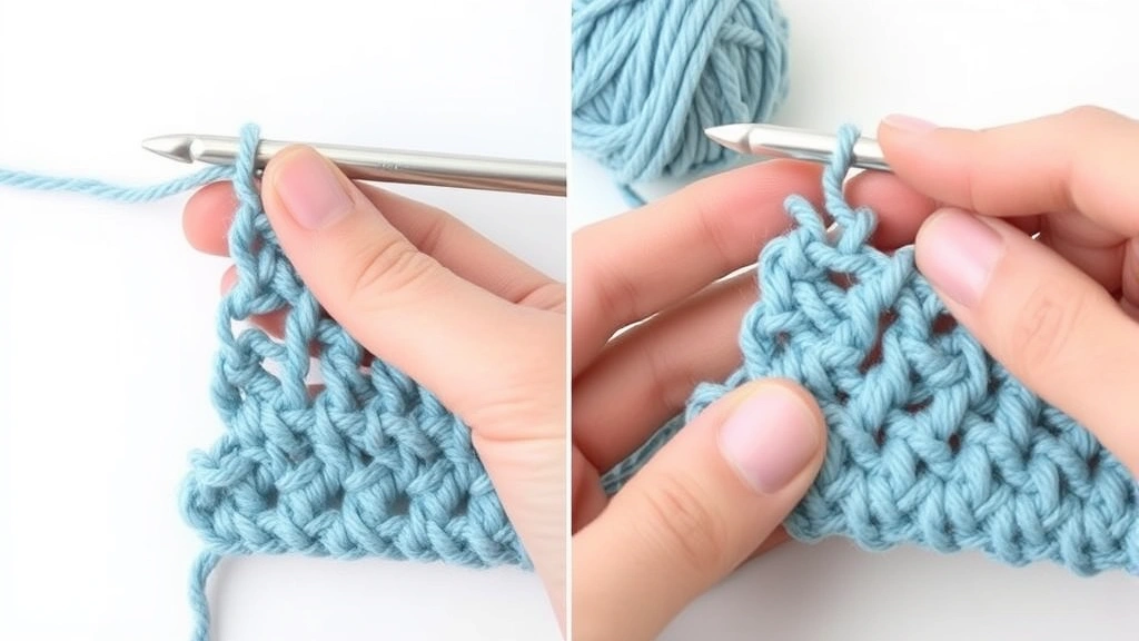 Side-by-side comparison of tight versus loose crochet tension in dusty blue yarn, hands visible working stitches, clean white background, clear difference in stitch definition