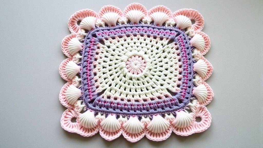 Finished granny square throw with decorative shell border laid flat, overhead view, pastel colors, natural lighting, showing professional edge treatment and blocking