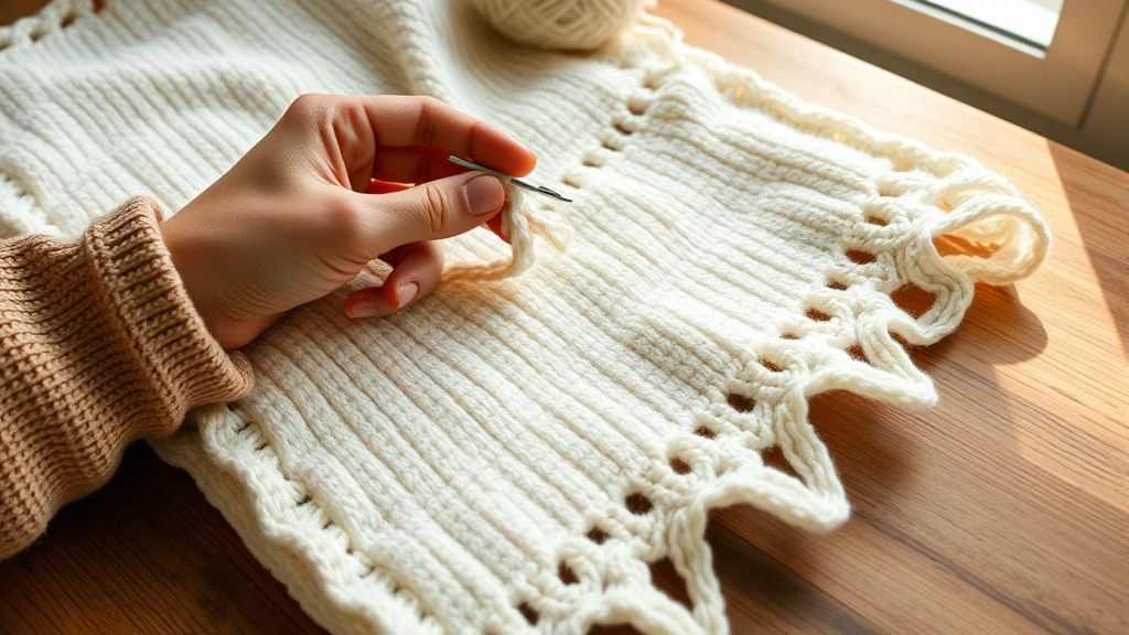 Close-up hands working single crochet border on cream colored blanket, natural window light, wooden table surface, crochet hook and yarn visible, cozy crafting atmosphere