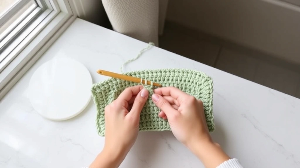 Hands crocheting a flat sage green dishcloth with wooden hook, natural window light, white marble surface, even stitches visible, relaxed tension demonstration
