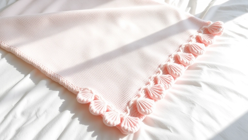 Finished baby blanket with decorative shell border in soft pink yarn, laid flat on white bedding, natural lighting, corner detail showing perfect border technique