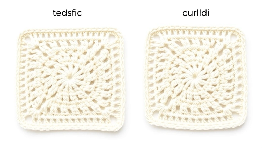 Comparison of two crochet squares side by side, one flat and one curled, cream colored cotton yarn, clean white background, showing tension differences clearly