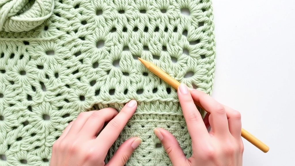 Hands demonstrating corner technique on granny square blanket, sage green yarn, bamboo crochet hook, work in progress showing border foundation round, clean background