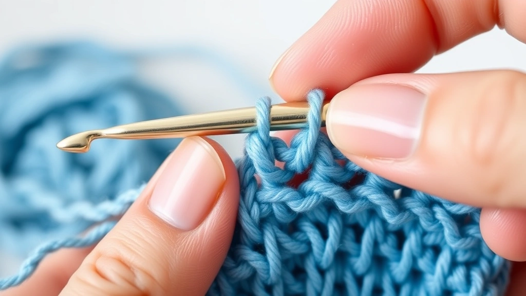 Close-up of fingers holding crochet hook with proper yarn tension, worsted weight blue yarn, demonstrating correct hand position for consistent stitches, soft lighting