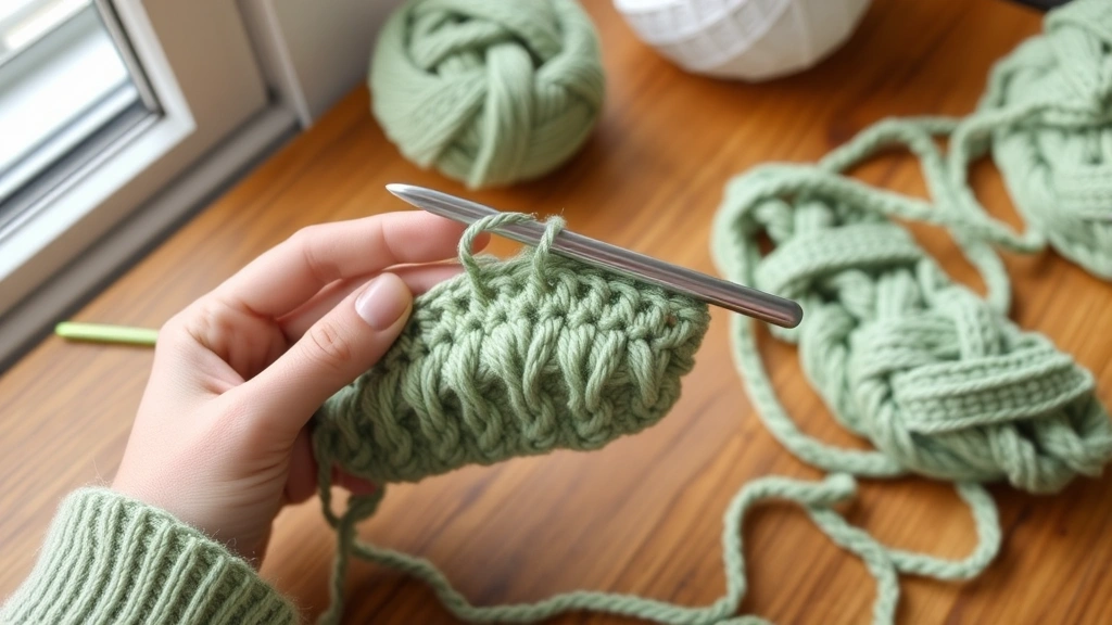 Hands crocheting worsted weight yarn in sage green with aluminum hook, natural window lighting, wooden table, partially completed double crochet rows visible, cozy crafting setup