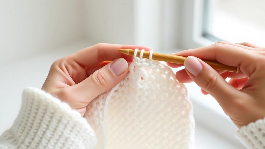 Close-up hands crocheting with white cotton yarn on bamboo hook, natural window light, clean white background, single crochet stitches visible, relaxed tension demonstration
