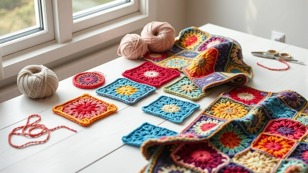 Hands crocheting colorful granny squares on white wooden table, natural window light, yarn balls and scissors nearby, work-in-progress blanket partially visible, cozy crafting atmosphere