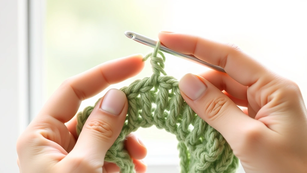 Close-up hands demonstrating proper crochet hook grip with sage green yarn, natural window light, clean white background, fingers positioned correctly, relaxed hand posture