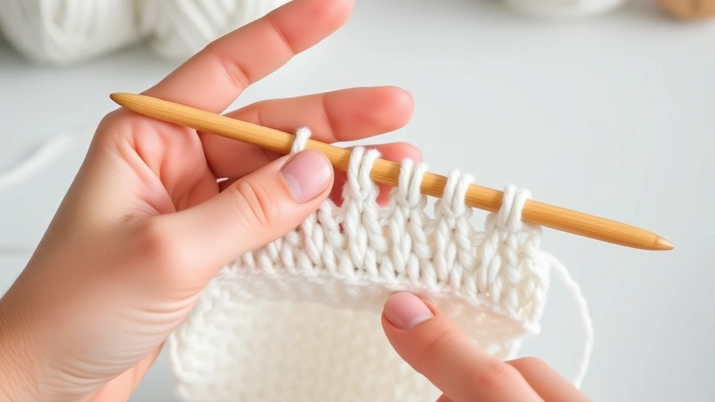 Close-up hands crocheting white yarn with wooden hook, showing even stitches in single crochet row, soft natural lighting, clean workspace background