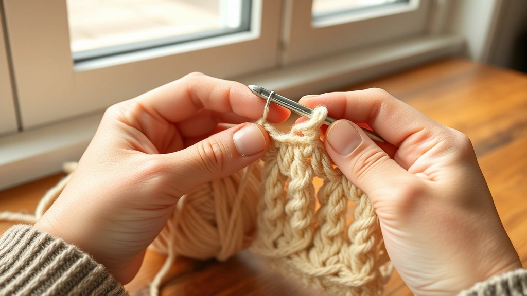 Close-up hands demonstrating proper yarn tension while crocheting, worsted weight cream yarn wrapped around fingers, natural window lighting, wooden table surface, hook moving through stitches smoothly