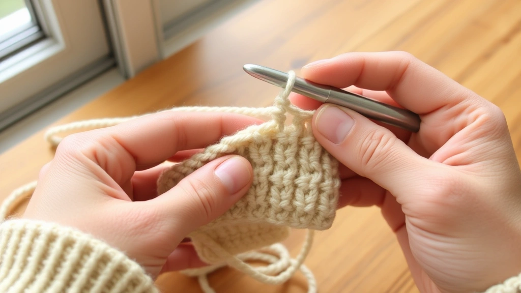 Close-up hands working single crochet stitch with cream worsted yarn and aluminum hook, natural window light, wooden table surface, two loops visible on hook