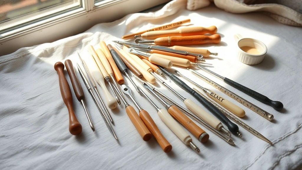 Collection of vintage crochet hooks in various materials spread on white linen, bone ivory steel aluminum hooks, natural window light, measuring gauge nearby, crafting workspace aesthetic