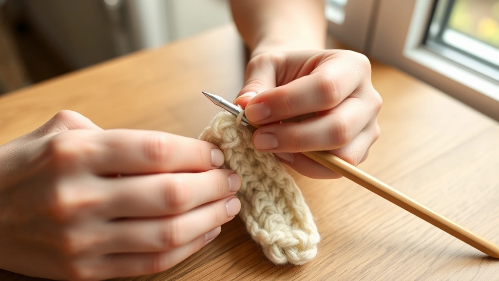 Close-up hands demonstrating pencil grip on aluminum crochet hook, working cream colored worsted weight yarn, natural window lighting, wooden table surface, relaxed finger position visible