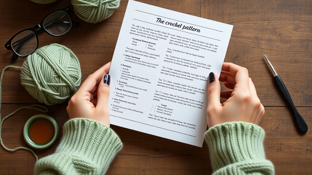 Close-up of hands holding crochet pattern printout next to sage green yarn project, natural lighting, wooden table surface, reading glasses and hook visible nearby