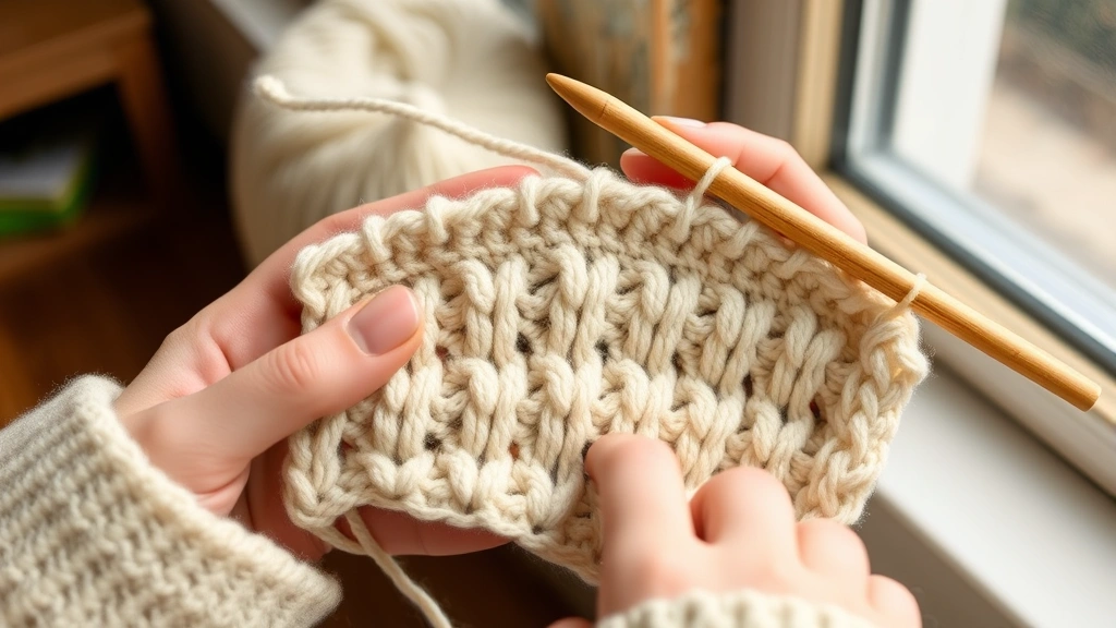 Close-up hands crocheting thermal stitch pattern with cream worsted yarn, bamboo hook visible, textured raised stitches clearly shown, natural window lighting, cozy crafting setup