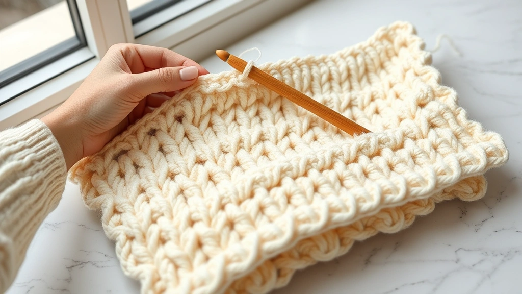 Close-up of hands working double crochet stitches in cream worsted yarn, bamboo hook visible, natural window light, white marble surface, partially completed blanket rows