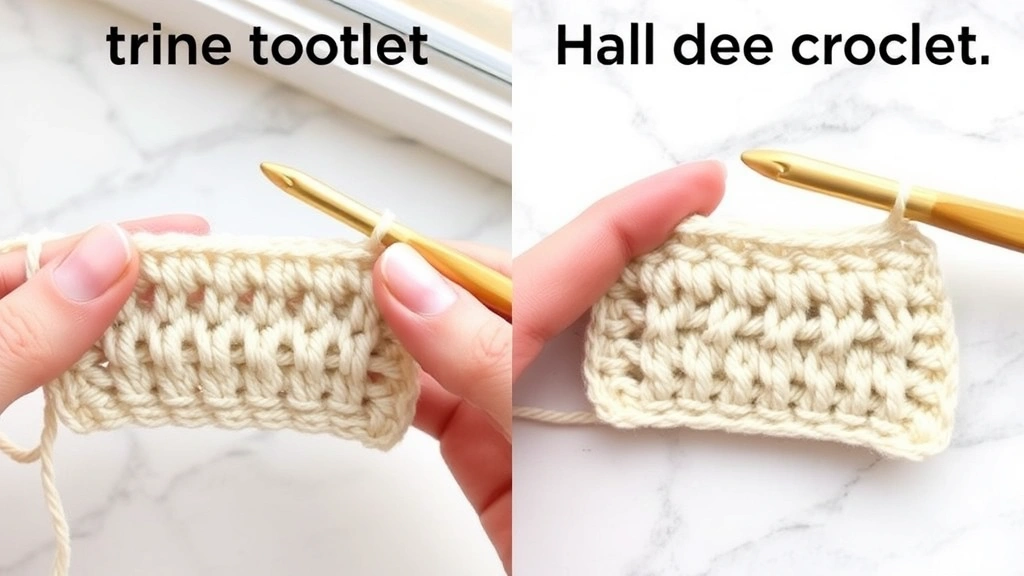 Close-up comparison showing single crochet and half double crochet stitches side by side in cream worsted yarn, hands holding bamboo hook, natural window lighting, white marble surface