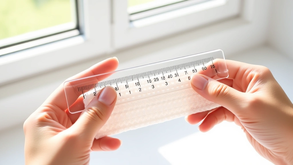 Close-up of hands measuring crochet gauge swatch with clear ruler, natural window light, white background, single crochet stitches visible, precise measurement being taken