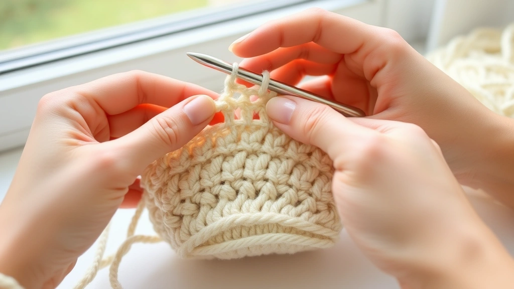 Close-up hands demonstrating proper yarn tension control, worsted weight cream yarn, aluminum crochet hook, natural window lighting, clean white workspace, fingers positioned correctly