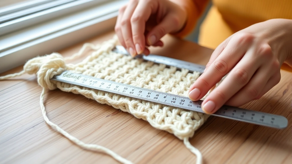 Close-up hands measuring crochet gauge swatch with metal ruler, cream colored worsted yarn, wooden table surface, natural window lighting, precise measurement being taken