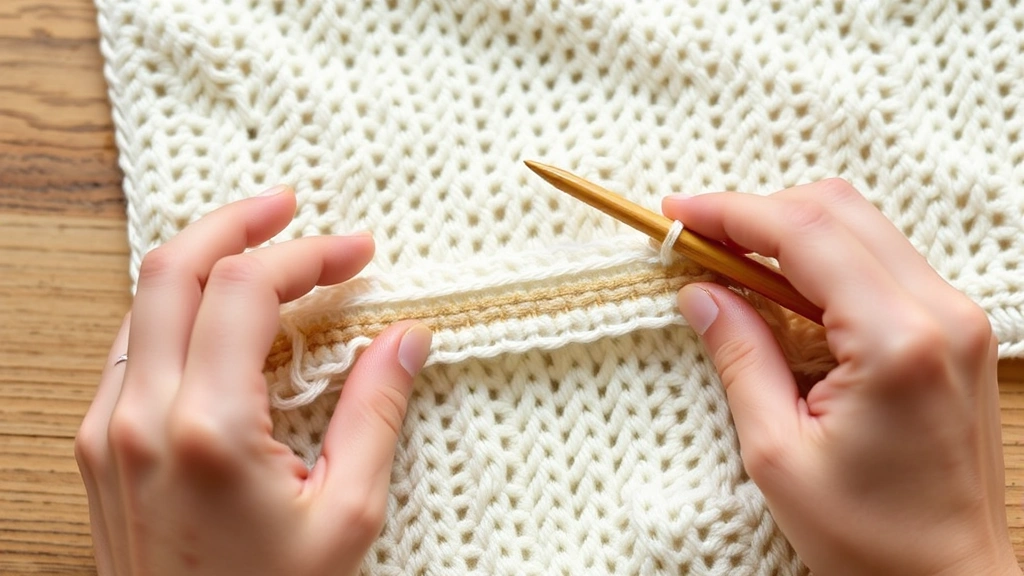 Close-up of hands working single crochet border on cream colored baby blanket, bamboo hook visible, soft natural lighting, wooden table surface, neat stitches in progress