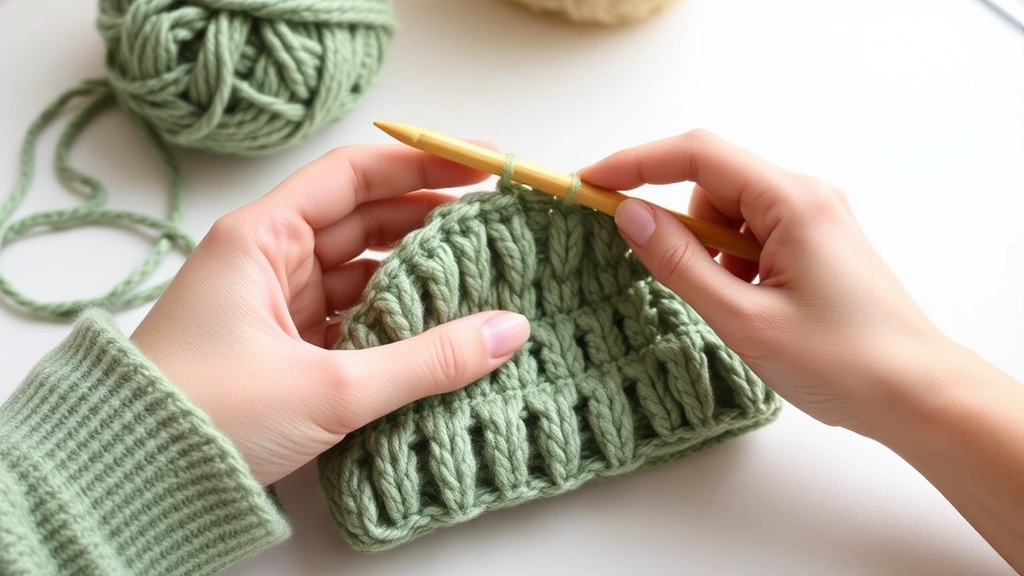 Hands crocheting sage green beanie with bamboo hook, worsted weight yarn, natural window light, clean white table surface, partially completed beanie visible
