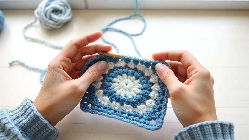Hands crocheting colorful granny square in progress, worsted weight yarn in blues and whites, wooden crochet hook, natural window lighting, craft table surface