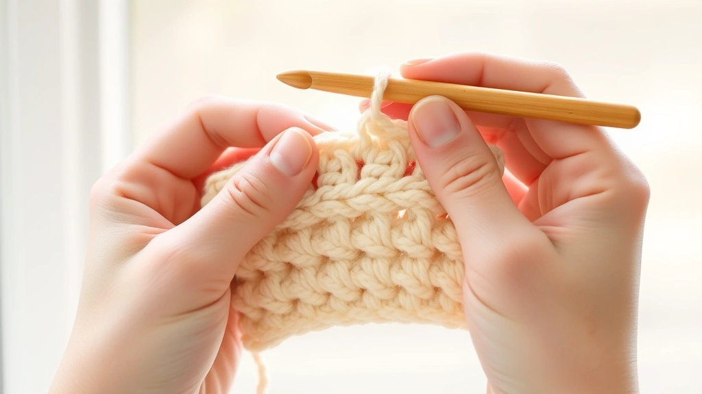 Close-up hands demonstrating single crochet stitch with cream worsted weight yarn, bamboo hook, natural window lighting, clean white background, fingers positioned correctly showing proper technique