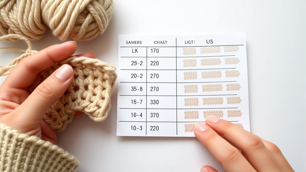 Close-up of hands holding conversion chart next to crochet work, UK and US stitch samples side by side, natural lighting, clean white background