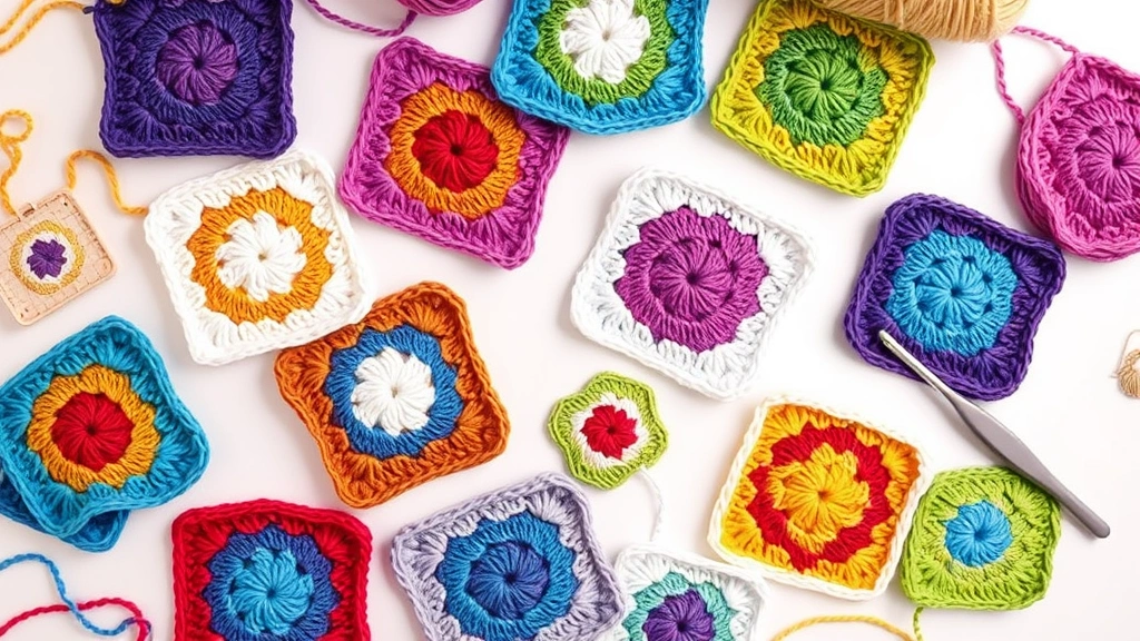 Collection of colorful granny squares arranged on white surface, various yarn weights and colors, crochet hook beside squares, soft overhead lighting, work in progress aesthetic