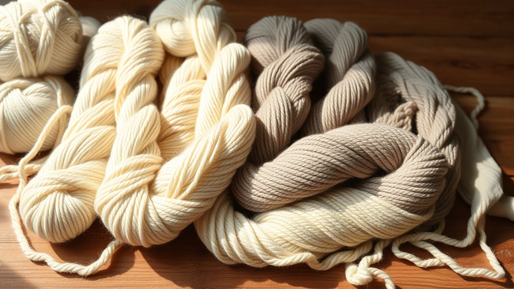 Flat lay of different cotton yarn skeins in natural colors, various textures mercerized and organic, wooden table surface, soft natural lighting, crafting atmosphere