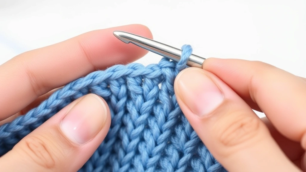 Close-up of fingers holding crochet hook working blue worsted weight yarn, detailed stitch formation visible, soft natural lighting, clean white background, ergonomic hook grip demonstrated
