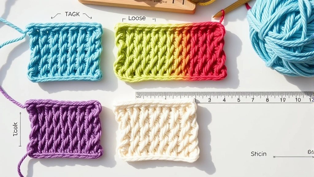 Overhead view of crochet tension swatch samples showing tight versus loose stitches, various yarn colors, measuring ruler alongside, bright natural lighting, craft table surface