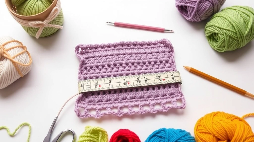 Measuring tape laid across crochet swatch showing gauge measurement, colorful yarn samples nearby, bright overhead lighting, organized crafting table setup
