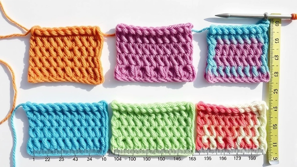 Overhead view of practice swatches showing progression from uneven to consistent single crochet stitches, various yarn colors, measuring tape beside work, bright natural lighting, clean white background