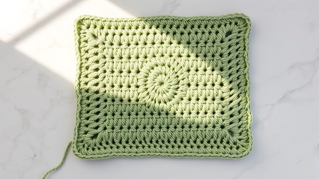 Overhead view of completed single crochet dishcloth in sage green cotton yarn, neat edges visible, sitting on marble kitchen counter with soft morning light