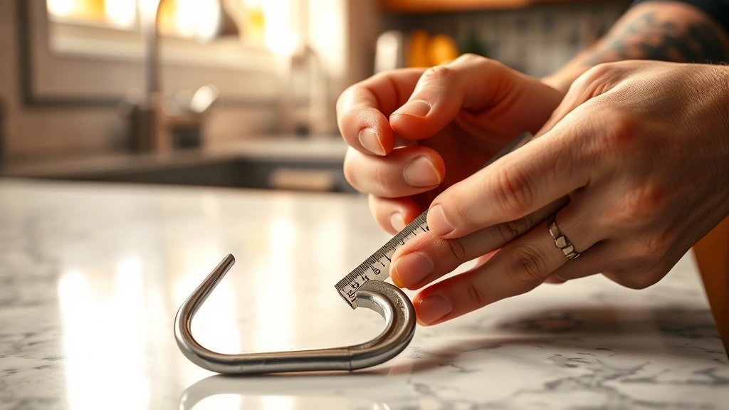 Close-up hands measuring vintage aluminum hook with metal gauge tool, 1950s Boye hook with colored handle, warm kitchen lighting, marble countertop surface, focused detail shot