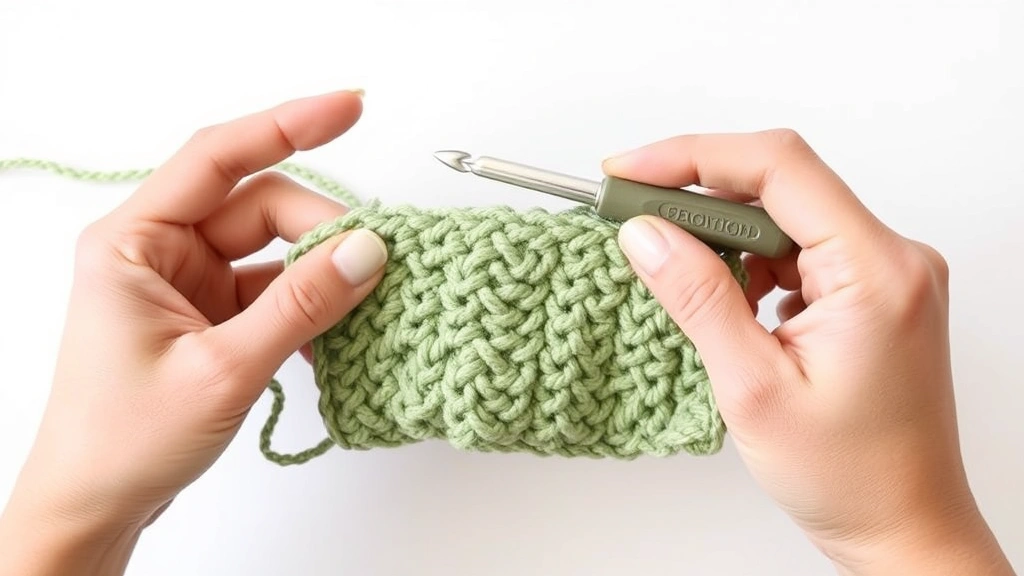 Hands showing knife grip technique with ergonomic crochet hook, sage green yarn in progress, soft overhead lighting, clean white background, comfortable wrist position demonstrated clearly
