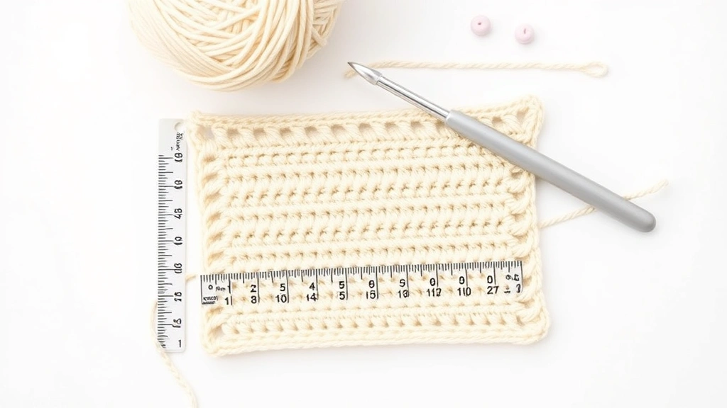 Overhead view of crochet gauge swatch with measuring ruler, worsted weight cream yarn, size H hook, stitch markers, clean white background, professional styling