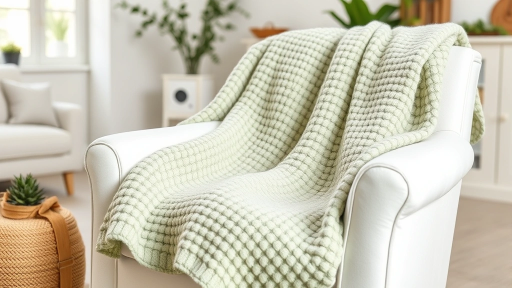 Finished thermal stitch blanket in sage green draped over white armchair, showing thick insulating texture, soft natural lighting, modern living room background, cozy home atmosphere