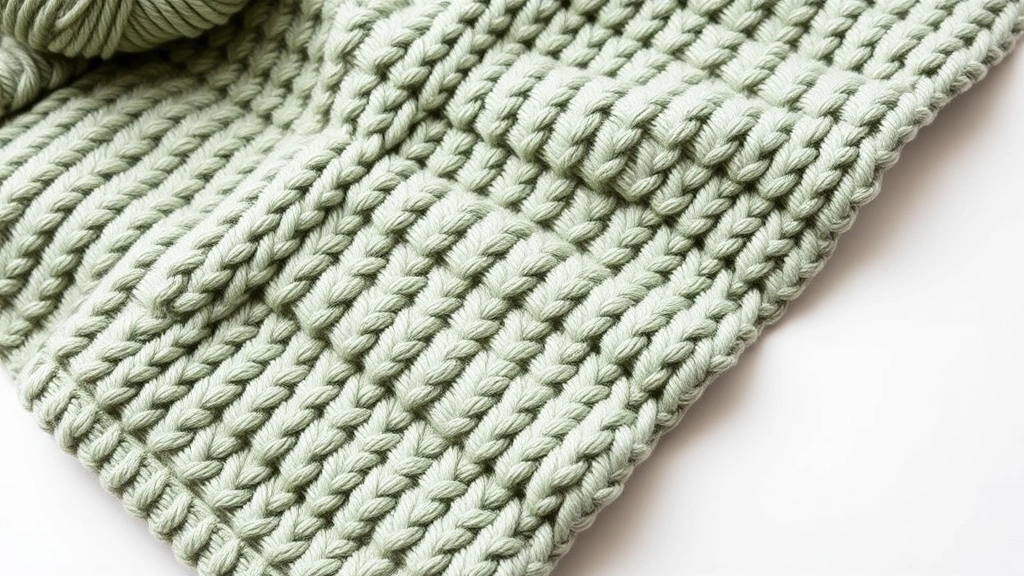 Textured moss stitch blanket sample in sage green DK yarn, professional flat lay photography, soft shadows, clean white background, stitch detail clearly visible